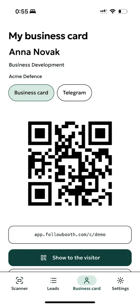 Followbooth app on an iPhone: the My business card screen with a name, a job title, a company and a QR code to show to the visitor. Demo data.