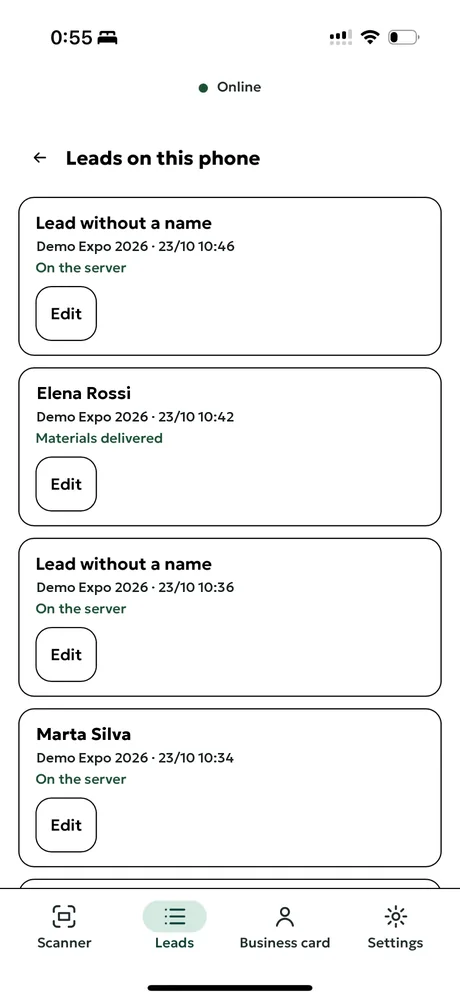 Followbooth app on an iPhone: the list of leads on the phone, each with the event, the time and whether it is on the server or its materials were delivered. Demo data.