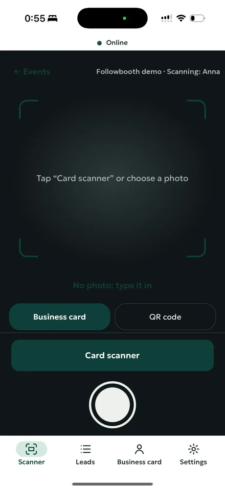 Followbooth app on an iPhone: the scanner screen with a camera frame, a switch between business card and QR code, and a Card scanner button. Demo data.